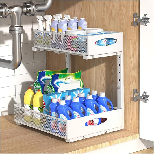 1 Pack Large Under Sink Organizer, 2 Tier Metal Pull Out Under Sink Storage with Sliding Mesh Drawers, Height Adjustable Slide Out Under Cabinet Organizer for Kitchen Bathroom, White