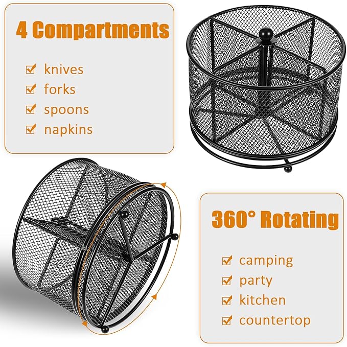 MAQUITA 360° Rotating Metal Utensil Caddy - 4 Compartment Silverware Cutlery Holder Rotation Fork Spoon Napkin Organizer Flatware Storage Basket Party Countertop Buffet Picnic Camping Outdoor Black