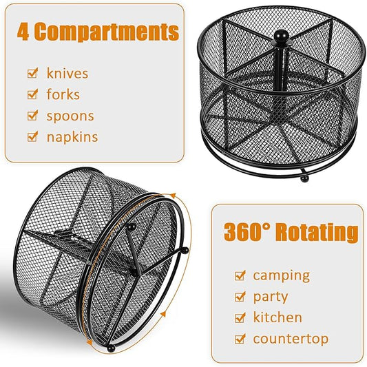 MAQUITA 360° Rotating Metal Utensil Caddy - 4 Compartment Silverware Cutlery Holder Rotation Fork Spoon Napkin Organizer Flatware Storage Basket Party Countertop Buffet Picnic Camping Outdoor Black