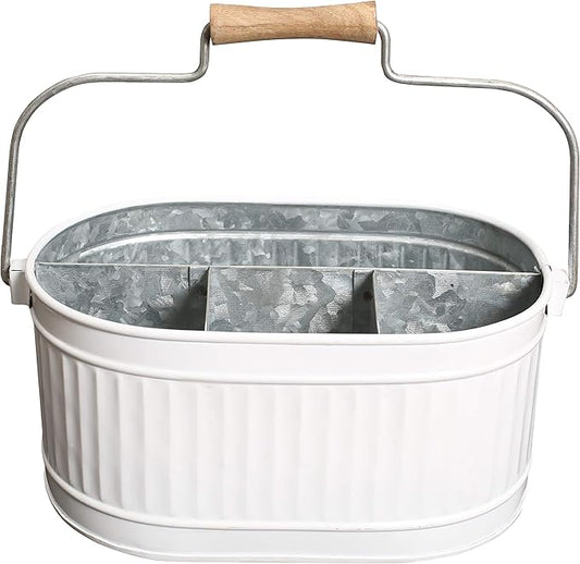 CLEENTABLE 4-Compartment Rustic Farmhouse Utensil Caddy with Removable Handle – Powder-Coated Steel Kitchen Organizer for Parties, Tailgates & Home (12" x 7.5" x 5.5", Snowy White/Grey)