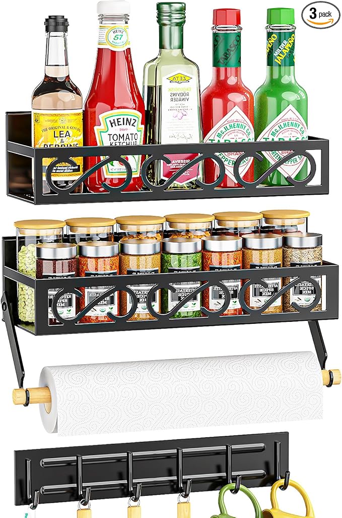 Spice Racks Magnetic for Refrigerator, Magnetic Spice Shelves with Paper Holder, Moveable 6 Hook Rack, Magnetic Fridge Organizer Set(3Pack), BLACK