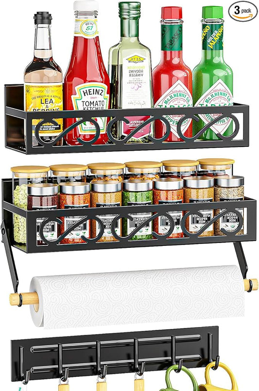 Spice Racks Magnetic for Refrigerator, Magnetic Spice Shelves with Paper Holder, Moveable 6 Hook Rack, Magnetic Fridge Organizer Set(3Pack), BLACK