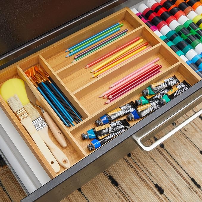Juvale Bamboo Silverware Organizer for Drawer, Kitchen, 6 Slot Utensil Tray (17 x 11.75 x 1.75 In)