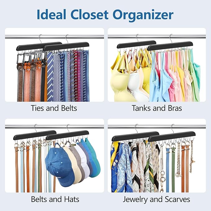 2 Pack Tie Rack & Belt Hanger 2 in 1 Tie Hanger Space Saving Max 42 Belts& 60 Ties Capacity for Closet Organizers and Storage, Sturdy Wood Belt & Tie Collection Organizer