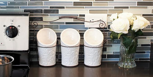 Kitchen Tool Crock (4 Pieces) - 3 Ceramic Utensil Holders (4" Dia x 7" H each) & 1 Metal Caddy - White & Embossed Design