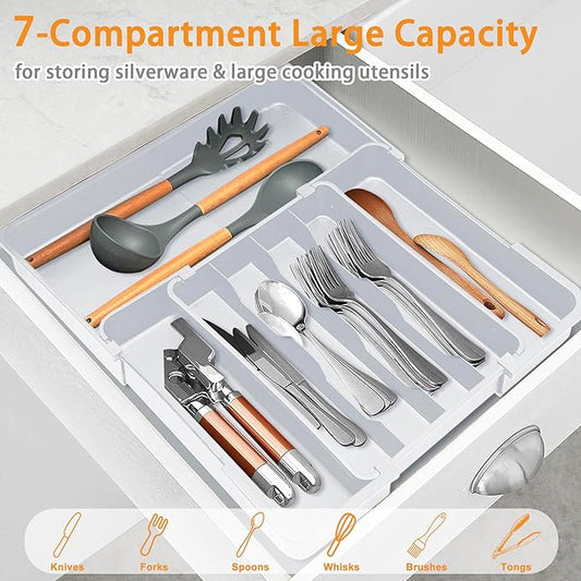 Homecor Kitchen Drawer Organizer, Expandable Silverware Drawer Organizer, Adjustable Utensil Organizer Tray, Cutlery Organizer for Forks, Knives, Kitchen Organizers and Storage, Grey