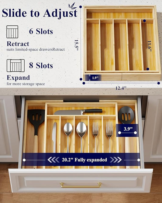 Kitsure X-Large Thickened Silverware Organizer - Expandable Bamboo Kitchen Drawer Organizer for Cooking Utensils and Cutlery, Sturdy Kitchen Organizers and Storage Solution, 20.2"×15.5"×1.8"