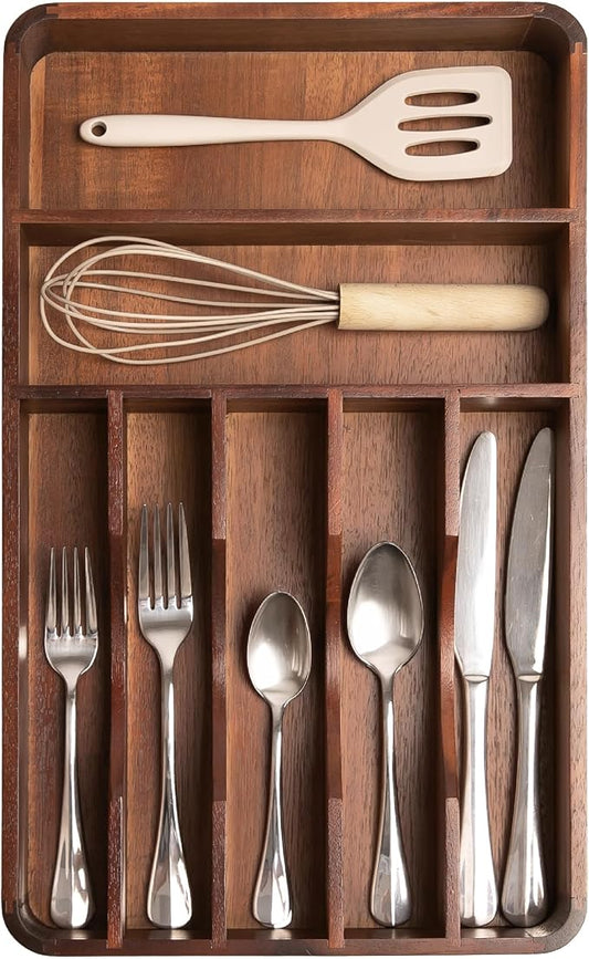 Silverware Organizer - Cutlery, Flatware, and Utensil Holder for Kitchen Drawers, Fixed 10.5” Width, 7 Storage Compartments, Non-Slip Feet, Rounded Corners, Acacia Wood