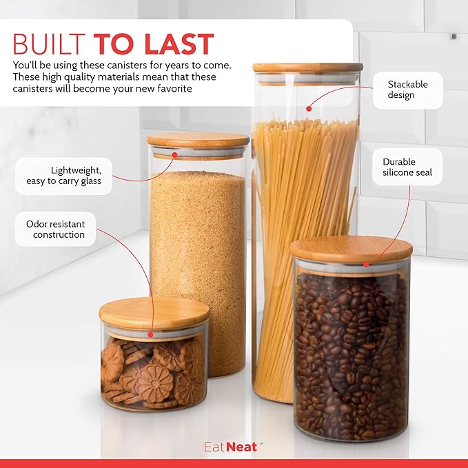 EatNeat Set of 4 Glass Canisters with Airtight Bamboo Lids - Stylish Kitchen Countertop Containers for Storage - Modern Jars for Food Organization - Clear and Natural Finish, Various Sizes
