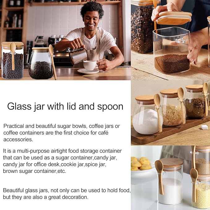 CNWSGEM Sugar Bowls Sugar Container 25.36 FL OZ Glass Coffee Canister Airtight Food Storage Jar with Lid and Spoon Candy Jar Coffee Bar Accessories Storage Beans Powder (Square)