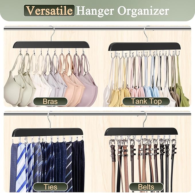 2 Pack Bra Hangers for Closet Organizer, Round Rectangle Bra Organizer with 40 Stainless Steel Hooks, Wooden Tank Top Hanger, Closet Organizers and Storage for Bras Camis Belts Ties, Black