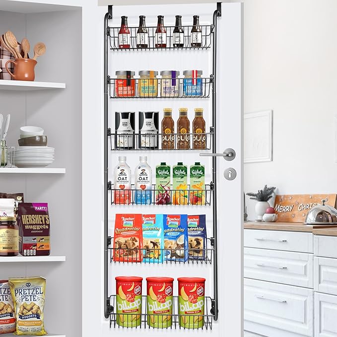 COOLFXEND Over the Door Pantry Organizer,6-Tier Pantry Door Organizers and Storage,Metal Over the Door Spice Rack for Pantry/Kitchen,Space Saving,Easy to Install,Black(6x4.72 Width Baskets)