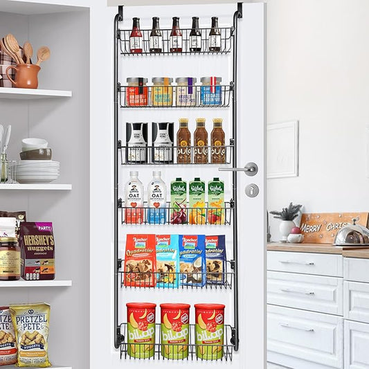 COOLFXEND Over the Door Pantry Organizer,6-Tier Pantry Door Organizers and Storage,Metal Over the Door Spice Rack for Pantry/Kitchen,Space Saving,Easy to Install,Black(6x4.72 Width Baskets)
