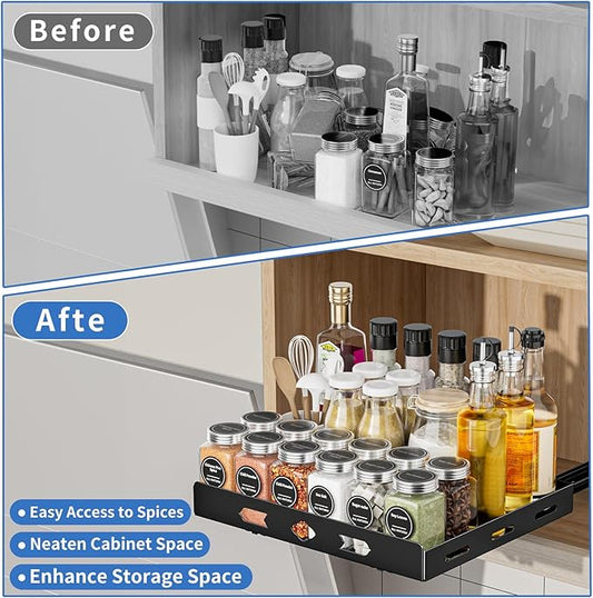 Metal Black Pull Out Spice Rack Organizer, Heavy Duty-Slide Out, Vertical Spice Rack for Kitchen Cabinet and Pantry (12.6''Wx10.5''Dx2.8''H)
