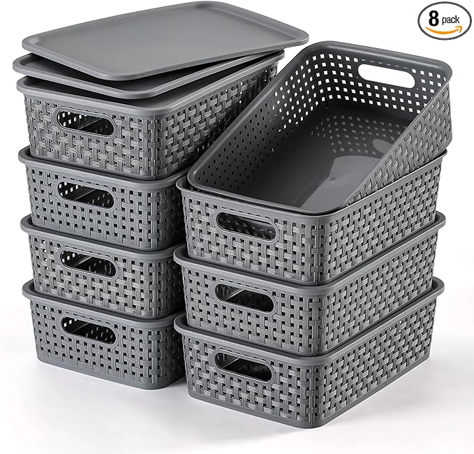 NETANY [ 8 Pack ] Plastic Storage Baskets With Lids, Small Pantry Organization, Stackable Storage Bins, Household Organizers for Cabinets, Countertop, Drawers, Under Sink or On Shelves,Gray