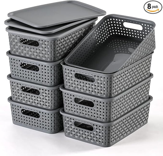 NETANY [ 8 Pack ] Plastic Storage Baskets With Lids, Small Pantry Organization, Stackable Storage Bins, Household Organizers for Cabinets, Countertop, Drawers, Under Sink or On Shelves,Gray