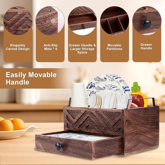 Paper Plate Dispenser with Drawer, country style Wood Kitchen Counter, Picnic, Party, Camping - Caddy Organizer for Cups, Spoons, Forks, Plates, office supplies, Napkins & Silverware