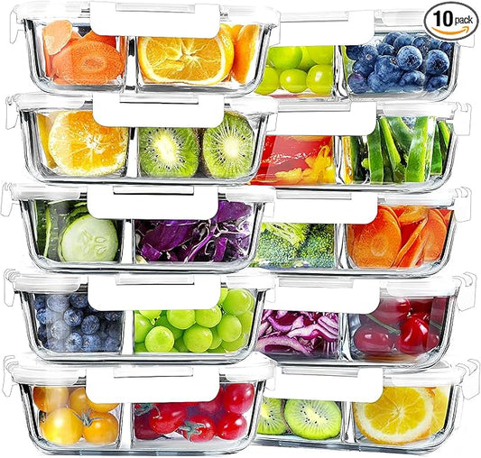 VERONES 10 Pack Glass Meal Prep Containers 2 Compartment Set, 30 OZ Airtight Glass Lunch Containers, Food Storage Containers with Lids, for Microwave, Oven, Freezer & Dishwasher Friendly，White