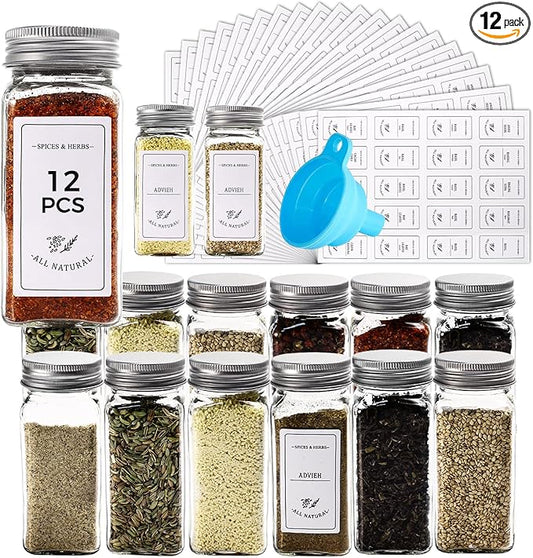 12 Spice Jars with 400 Spice Labels, 4Oz Empty Square Spice Storage Bottles Containers