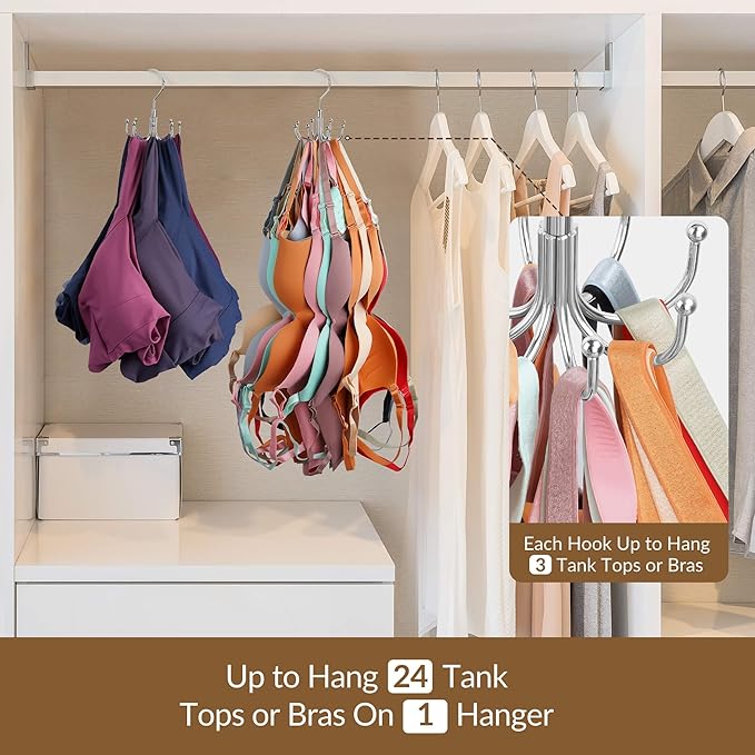 ZEDODIER Tank Top Hanger, Rotatable Bra Organzier for Closet, Max 24 Storage Capacity Sport Bra Holder, Metal Space Saving Closet Organizers and Storage, Silver