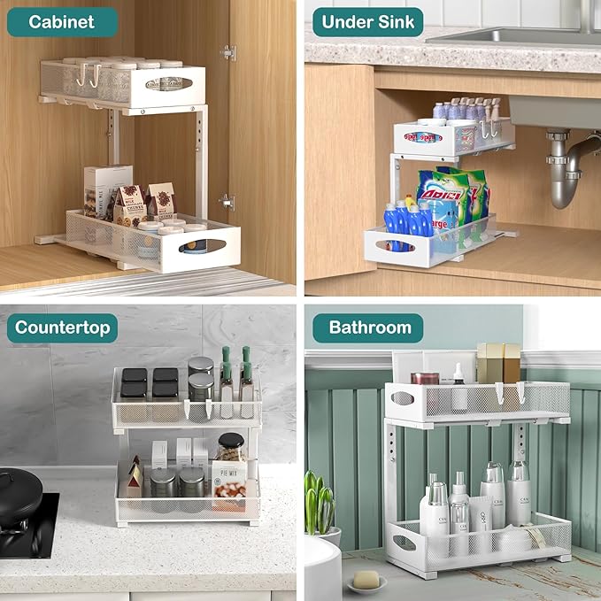 Under Sink Organizer, 2 Tier Metal Pull Out Under Sink Storage with Sliding Mesh Drawers, Height Adjustable Slide Out Under Sink Organizer for Kitchen Bathroom Cabinet, 2 Pack, White