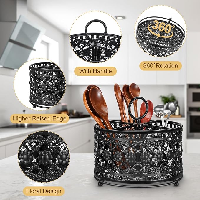 360° Rotating Utensil Caddy Countertop - Cutlery Silverware Caddy Holder with 4 Compartment - Higher Raised Flatware Organizer with Handle for Party Kitchen Counter Office Black