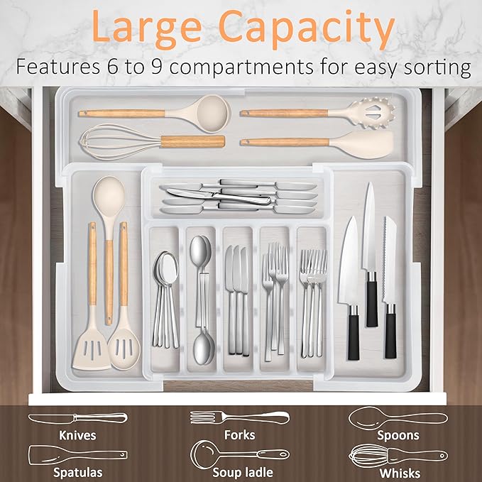 Large Silverware Drawer Organizer Expandable Kitchen Utensil Organizer BPA Free Flatware Cutlery Holder Tray Adjustable Plastic Drawer Divider Storage for Forks Knives 6-9 Slots White