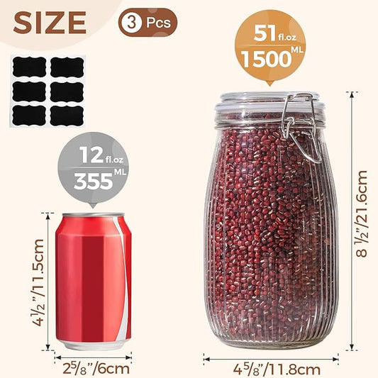 ComSaf Airtight Glass jar with lid 51oz Set of 3, Glass Storage Containers with Lids, Large Glass Canister, Striped Clip Fastening Jar for for Canning, Flour, Pasta,Coffee Beans, Cereal, Rice, Pickle