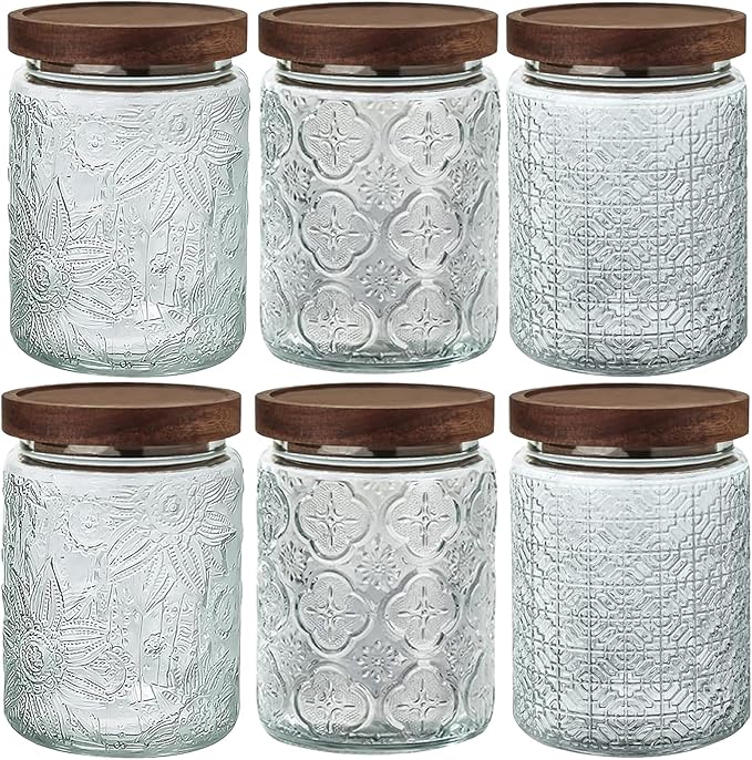 24 OZ Airtight Glass Storage Jar with Bamboo Lid - Vintage Glass Jar Vintage Food Containers Canisters Set for Kitchen Counter & Pantry - Ideal for Sugar, Flour, Coffee, Tea, Candy, Oats -6 Pack