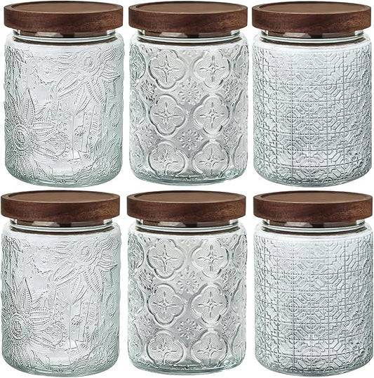 24 OZ Airtight Glass Storage Jar with Bamboo Lid - Vintage Glass Jar Vintage Food Containers Canisters Set for Kitchen Counter & Pantry - Ideal for Sugar, Flour, Coffee, Tea, Candy, Oats -6 Pack