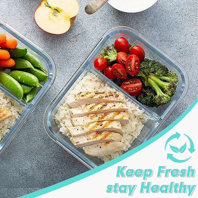 VERONES 10 Pack Glass Meal Prep Containers 2 Compartment Set, 30 OZ Airtight Glass Lunch Containers, Glass Food Storage Containers with Lids, for Microwave, Oven, Freezer & Dishwasher Friendly，Green