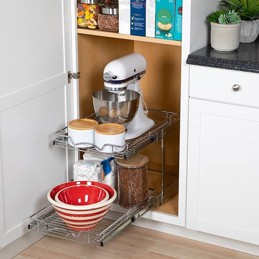 HOLDN’ STORAGE Pull Out Cabinet Organizer 2 Tier – Heavy Duty Metal with Lifetime Limited Warranty -Anti Rust Chrome Finish - 15.5" W x 21" D x 16.5" H
