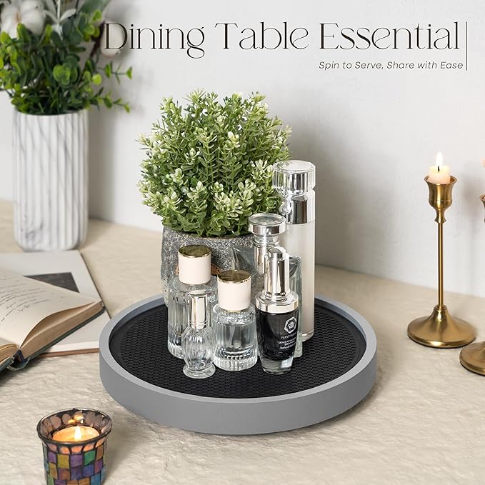 Farmhouse Wood Non-Skid Lazy Susan Organizer Turntable – 10.5" Lazy Susan Turntable for Cabinet, Spice Rack and Bathroom Counter Organizer - Perfect for Home Organization and Storage (Gray)