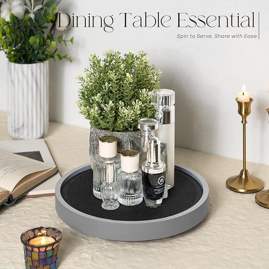 Farmhouse Wood Non-Skid Lazy Susan Organizer Turntable – 10.5" Lazy Susan Turntable for Cabinet, Spice Rack and Bathroom Counter Organizer - Perfect for Home Organization and Storage (Gray)