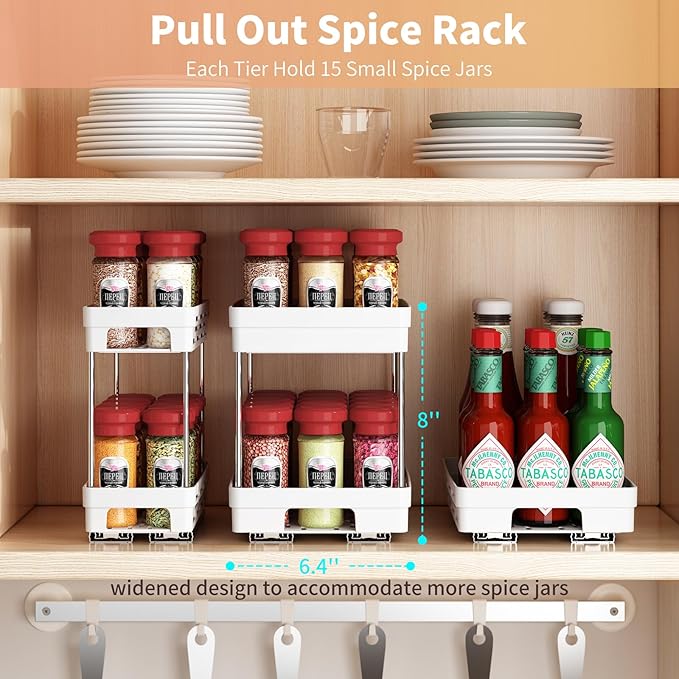 Pull Out Spice Rack Organizer for Cabinet, 2 Pack Widen Slide Out Spice Racks Organizer, Easy to Install Durable Spice Cabinet Organizers, 6.4''Wx10.4''Dx8''H, Each Tier Hold 15 Spice Jars - 2 Tier