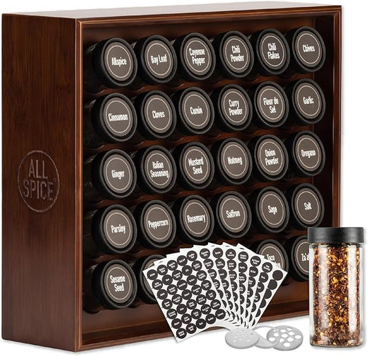 AllSpice Wood Spice Rack Organizer, 525 Unique Labels, Countertop or Wall Mount, Includes 30 4oz Jars- Walnut Stain