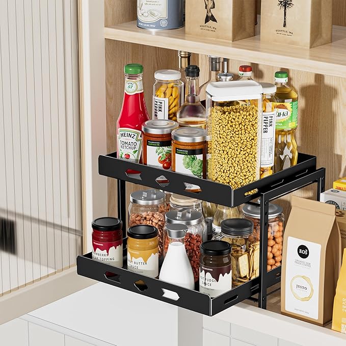 spice organization for cabinet, 2-Tier Cabinet Spice Rack Organizer, Height Adjustable Vertical Spice Rack for Kitchen Cabinet (14.1''Wx10.8''Dx9.2''H, Metal Black)