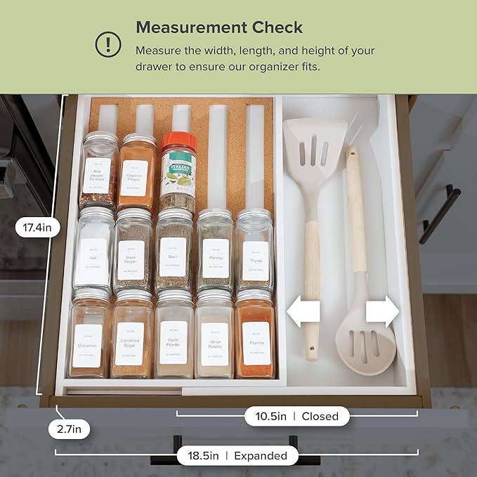 Spice Drawer Organizer with Expandable Storage. Holds up to 15 Spice Jars (Not Included), Non-Slip Feet, Kitchen Accessory Storage, 100% Sustainable Bamboo Wood (White Bamboo)