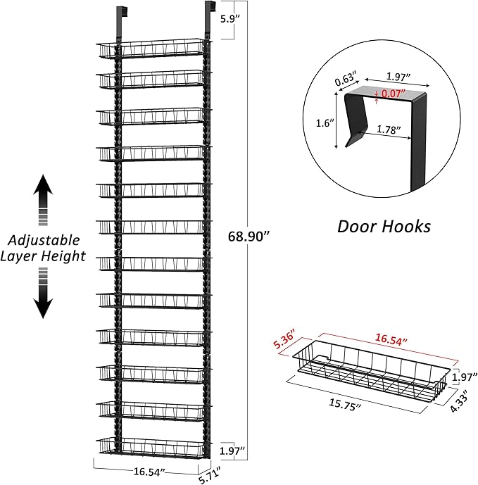 Churboro Over the Door Pantry Organizer Rack with 12 Adjustable Baskets, 12 Tiers Dual-use Spice Rack- Hanging or Wall Mount Spice Rack, Pantry Door Organizer, Black