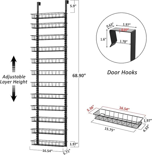 Churboro Over the Door Pantry Organizer Rack with 12 Adjustable Baskets, 12 Tiers Dual-use Spice Rack- Hanging or Wall Mount Spice Rack, Pantry Door Organizer, Black