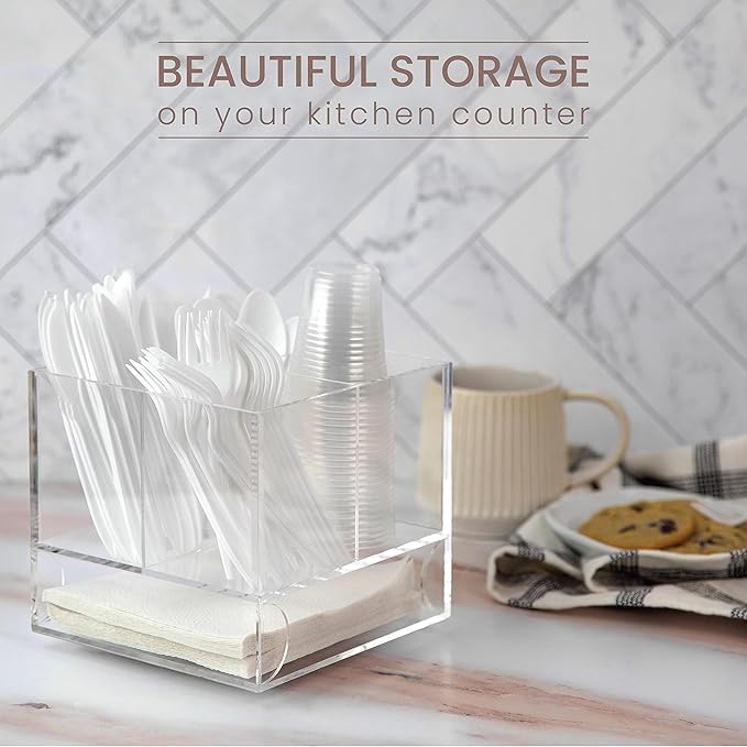 ELTOW Acrylic Swivel Silverware Caddy, Stylish Kitchen Table Organizer – Made with Clear Lucite, Holds Spoons, Forks, Knives, Straws, and Napkins