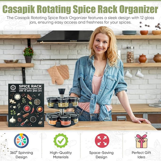 Rotating Spice Rack Organizer - 2-Tier Spice Carousel with 12 Empty Glass Jars, Dual-Lid, Preprinted & Blank Labels, Space-Saving Countertop Spice Storage