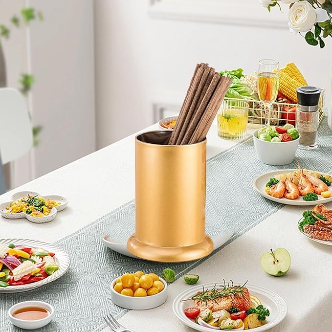 Kitchen Utensil Holder, Gold Stainless Steel Silverware Drainer Basket Cylinder Flatware Draining Organizer Drying Rack Straw Holder Silverware Caddy Organizer for Forks, Knives, Spoons, Chopsticks
