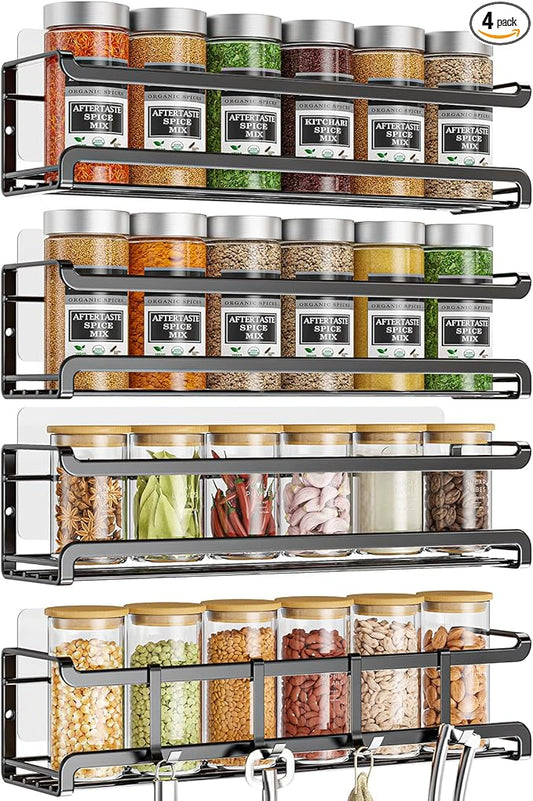 Spice Rack wall mounted 4 Pack, Space-Saving Spice Organizer for Spice Jars and Seasonings,Screw or Adhesive Hanging Spice Rack Organizer for Your Kitchen Cabinet,or Pantry Door