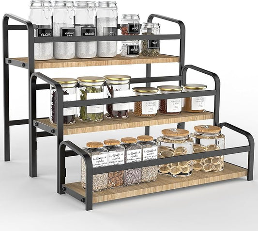 Spice Rack Organizer for Countertop , 3-Tier Magnetic Spice Storage Holder with Wooden Steps for Kitchen , Coffee Syrup Rack Iron Fall Protection ,Versatile Display Rack for Wine Bottles,Cosmetics.