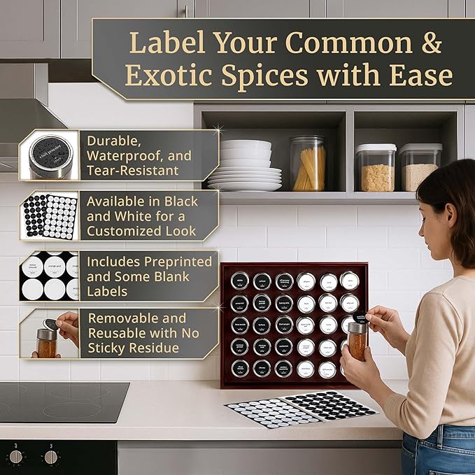 BOURBON & BARREL Wooden Spice Rack Organizer with Glass Jars | Stainless Steel Lids | Bamboo Countertop Spice Organization | 350 Waterproof Spice Labels | 2 Chalk Markers | 30 4oz Jars [Cherry]