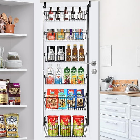 COOLFXEND Over the Door Pantry Organizer,6-Tier Pantry Door Organizers and Storage,Metal Over the Door Spice Rack for Pantry/Kitchen,Space Saving,Easy to Install,Black(4x4.72+2x5.9 Width Baskets)