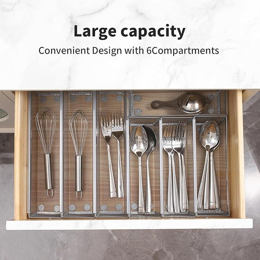 Faridabio Drawer Organizer for Kitchen, Silverware Organizer Cutlery Tray Utensil holder with Interlocking Mesh Metal Flatware Storage Silver (6 pcs)