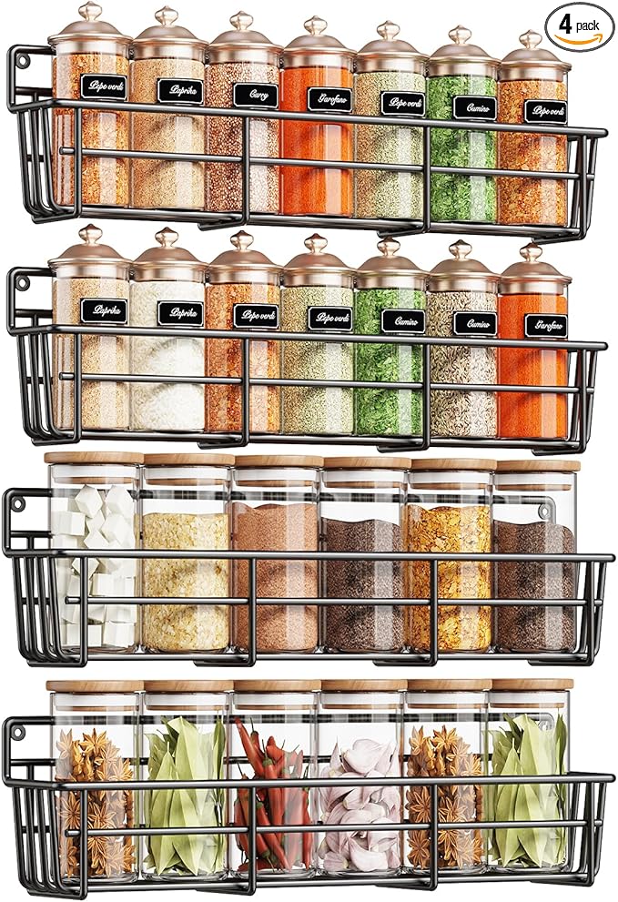 Spice Rack Organizer Wall Mount, Hanging Spice Pantry Storage Shelf Organization, 4 Pack Space Saving Seasoning Organizer for Kitchen Cabinet, Door or Bathroom, Black