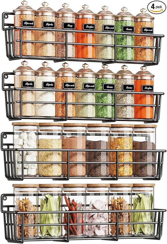 Spice Rack Organizer Wall Mount, Hanging Spice Pantry Storage Shelf Organization, 4 Pack Space Saving Seasoning Organizer for Kitchen Cabinet, Door or Bathroom, Black